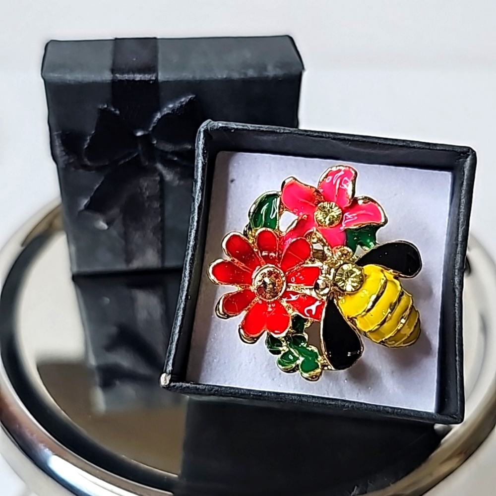🐝Custom Ring 2 Crystal Rhinestones W/Flowers Gold Adj. Band OS